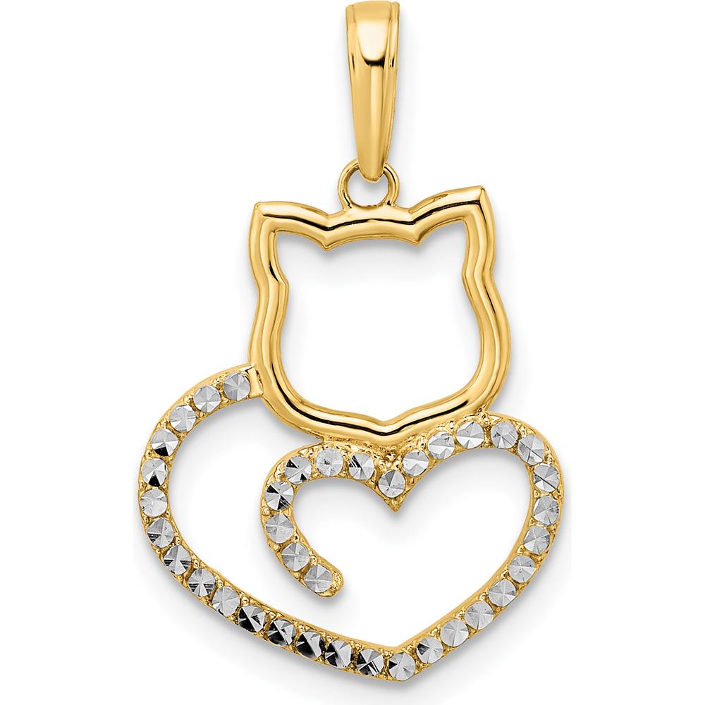 14K Yellow Gold and White Rhodium Diamond-Cut Cat Heart Pendant by Oro Pregiato