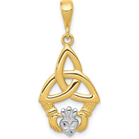 14K Yellow Gold and White Rhodium Diamond-Cut Claddagh Trinity Knot Pendant with Polished Finish - 30mm Length by Oro Pregiato