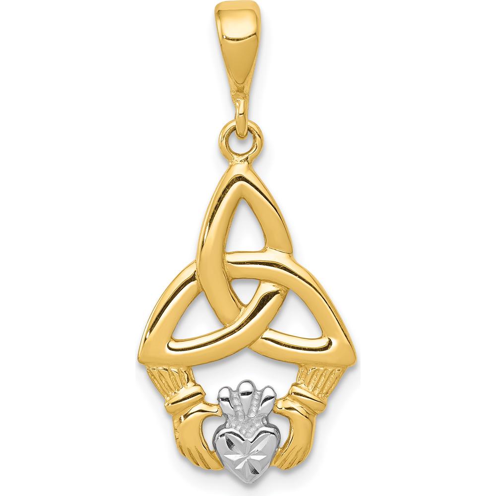 14K Yellow Gold and White Rhodium Diamond-Cut Claddagh Trinity Knot Pendant with Polished Finish - 30mm Length by Oro Pregiato