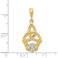 14K Yellow Gold and White Rhodium Diamond-Cut Claddagh Trinity Knot Pendant with Polished Finish - 30mm Length by Oro Pregiato