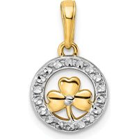 14K Yellow Gold and White Rhodium Diamond-Cut Clover in Circle Pendant - Lucky Charm Necklace by Oro Pregiato