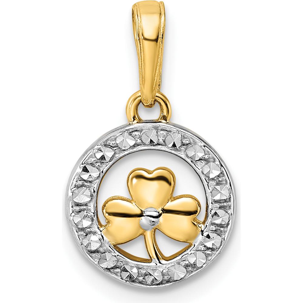 14K Yellow Gold and White Rhodium Diamond-Cut Clover in Circle Pendant - Lucky Charm Necklace by Oro Pregiato