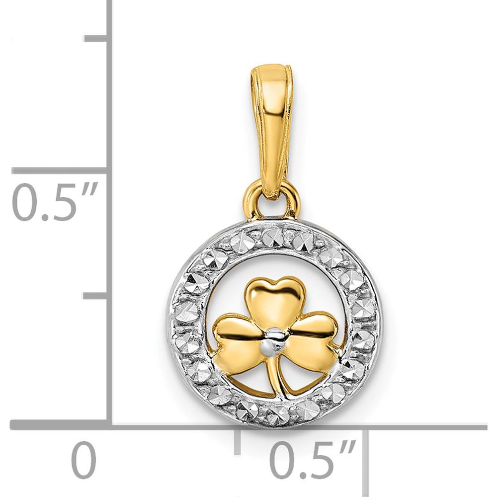 14K Yellow Gold and White Rhodium Diamond-Cut Clover in Circle Pendant - Lucky Charm Necklace by Oro Pregiato