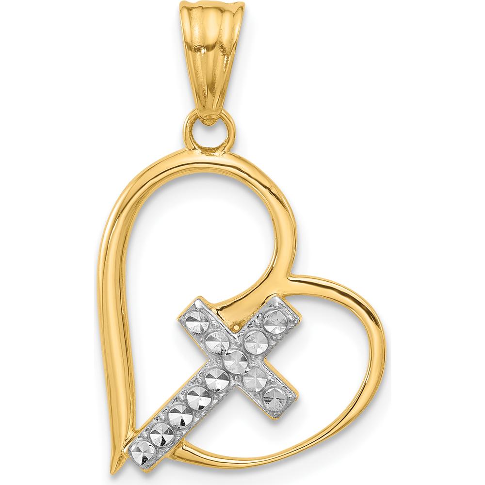 14K Yellow Gold and White Rhodium Diamond-Cut Cross in Heart Pendant - 27.5mm Length by Oro Pregiato