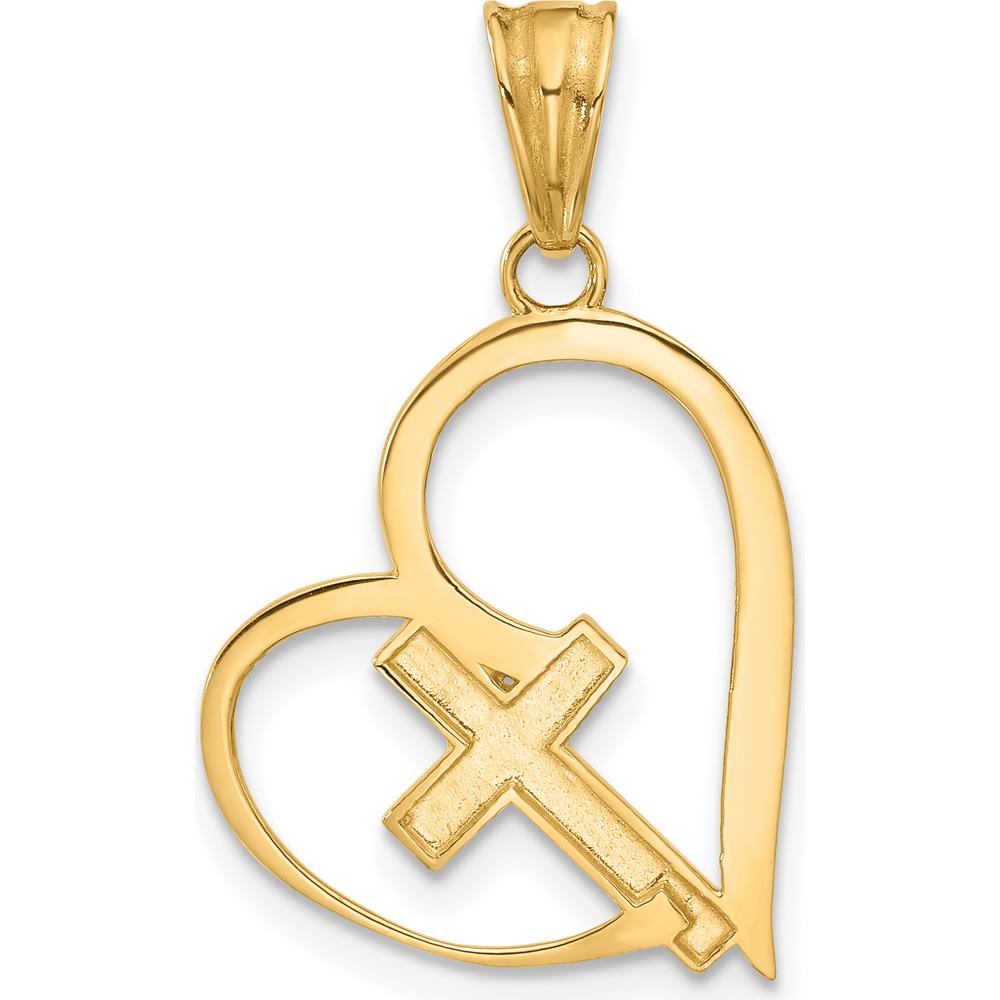 14K Yellow Gold and White Rhodium Diamond-Cut Cross in Heart Pendant - 27.5mm Length by Oro Pregiato