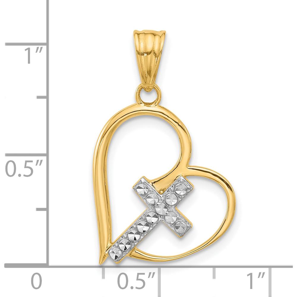 14K Yellow Gold and White Rhodium Diamond-Cut Cross in Heart Pendant - 27.5mm Length by Oro Pregiato