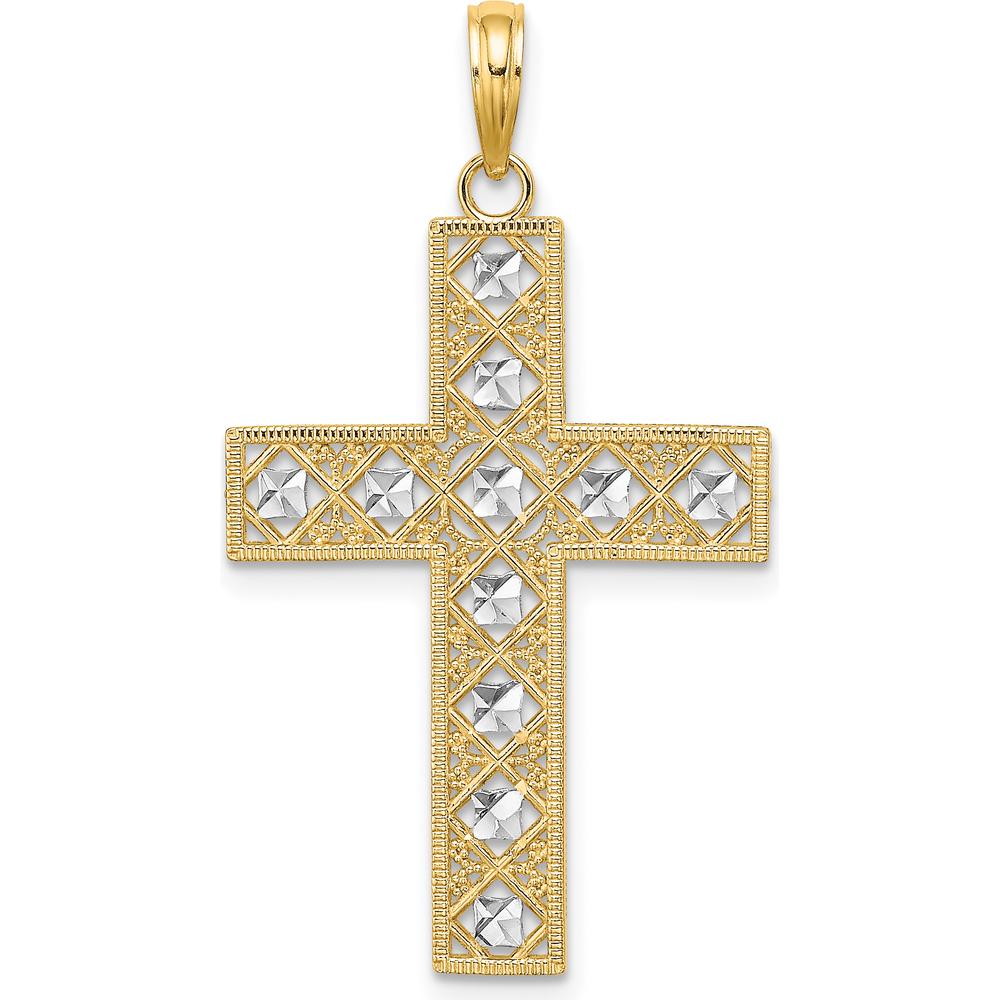 14K Yellow Gold and White Rhodium Diamond-Cut Cross Pendant with Polished Finish by Oro Pregiato