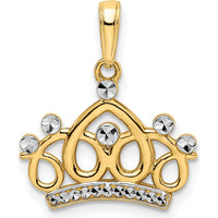 14K Yellow Gold and White Rhodium Diamond-cut Crown Pendant - Elegant Royal Charm by Oro Pregiato