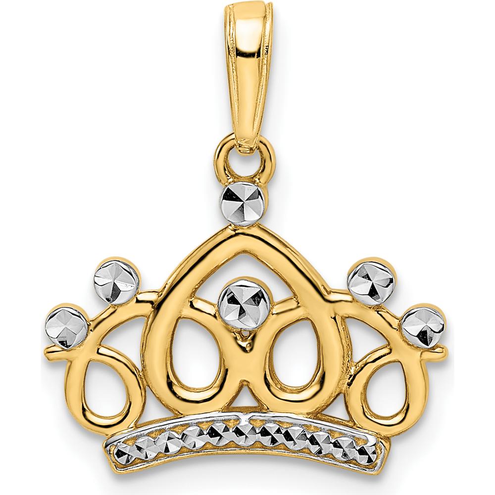 14K Yellow Gold and White Rhodium Diamond-cut Crown Pendant - Elegant Royal Charm by Oro Pregiato