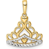 14K Yellow Gold and White Rhodium Diamond-Cut Crown Pendant with Heart Accents by Oro Pregiato