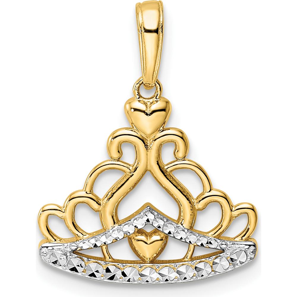 14K Yellow Gold and White Rhodium Diamond-Cut Crown Pendant with Heart Accents by Oro Pregiato