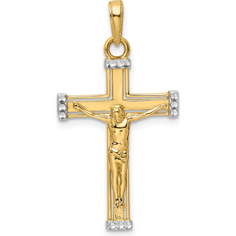 14K Yellow Gold and White Rhodium Diamond-Cut Crucifix Pendant - 33.77mm Length by Oro Pregiato