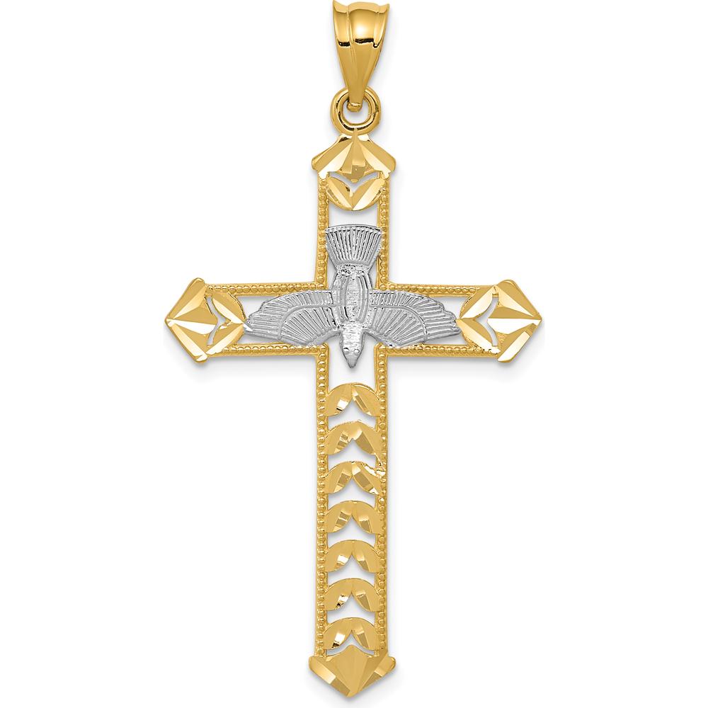 14K Yellow Gold and White Rhodium Diamond-Cut Dove Cross Pendant - 44.09mm Length by Oro Pregiato