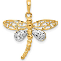14K Yellow Gold and White Rhodium Diamond-Cut Dragonfly Pendant - 27.9mm Length by Oro Pregiato