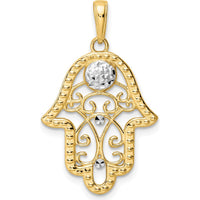 14K Yellow Gold and White Rhodium Diamond-Cut Evil Eye Filigree Hamsa Pendant - 30.9mm Length by Oro Pregiato