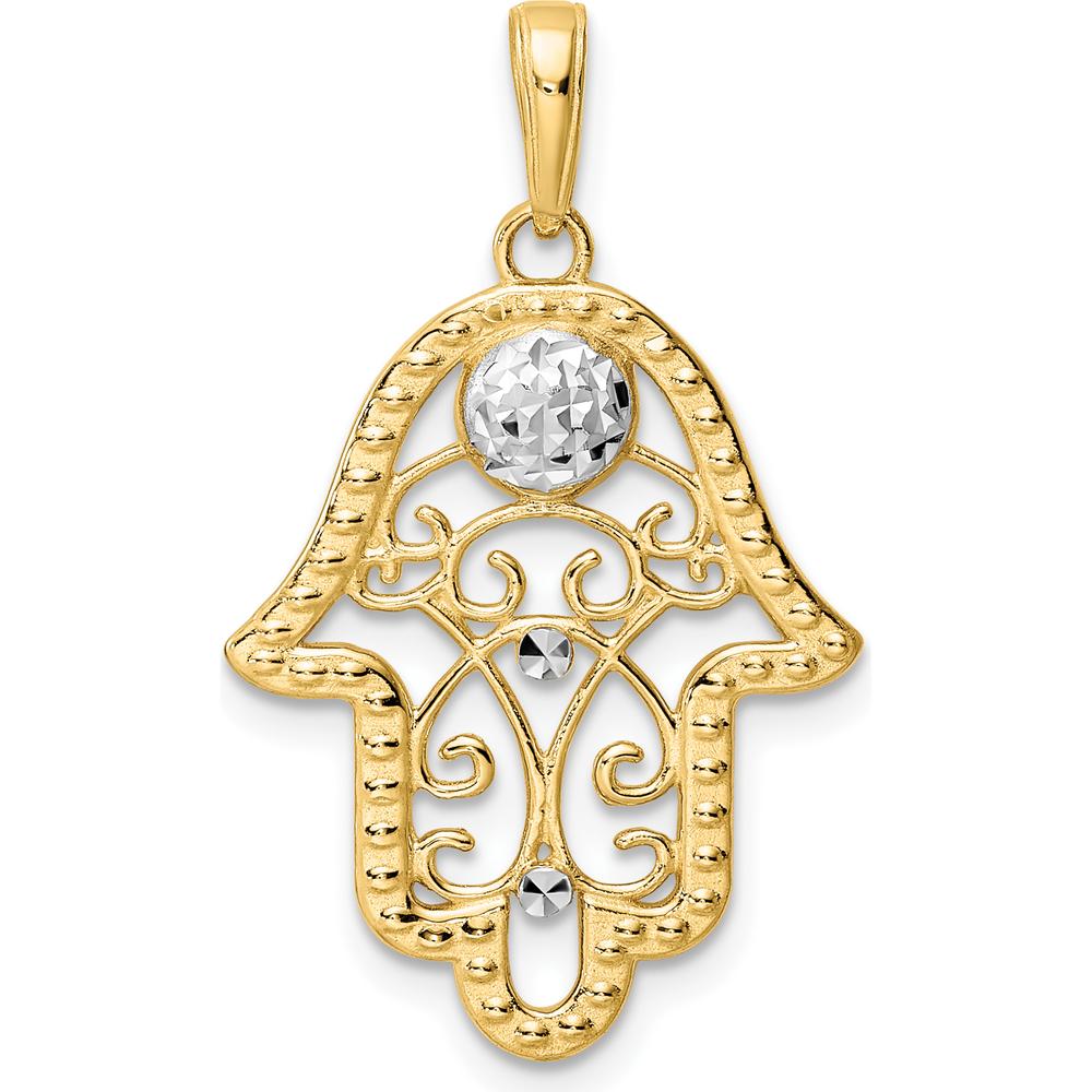 14K Yellow Gold and White Rhodium Diamond-Cut Evil Eye Filigree Hamsa Pendant - 30.9mm Length by Oro Pregiato