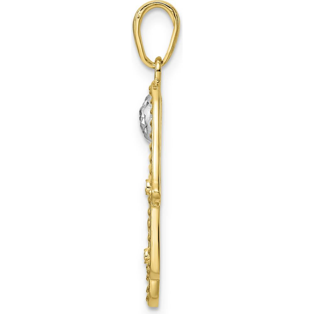 14K Yellow Gold and White Rhodium Diamond-Cut Evil Eye Filigree Hamsa Pendant - 30.9mm Length by Oro Pregiato