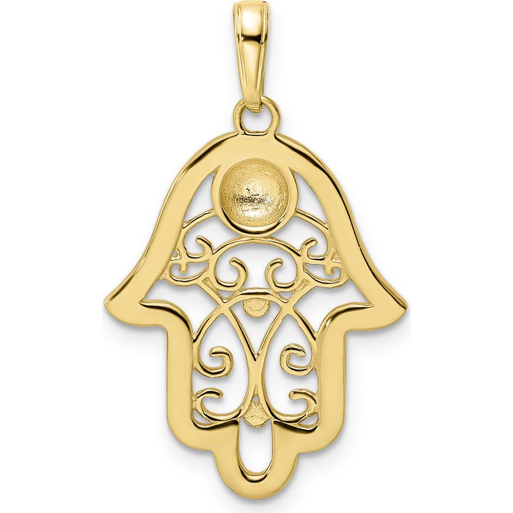 14K Yellow Gold and White Rhodium Diamond-Cut Evil Eye Filigree Hamsa Pendant - 30.9mm Length by Oro Pregiato