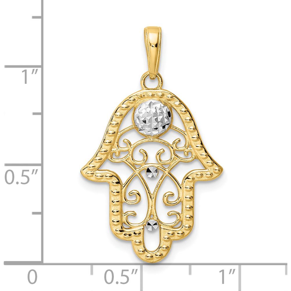 14K Yellow Gold and White Rhodium Diamond-Cut Evil Eye Filigree Hamsa Pendant - 30.9mm Length by Oro Pregiato
