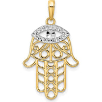 14K Yellow Gold and White Rhodium Diamond-Cut Evil Eye Filigree Hamsa Pendant with Symbolic Design by Oro Pregiato