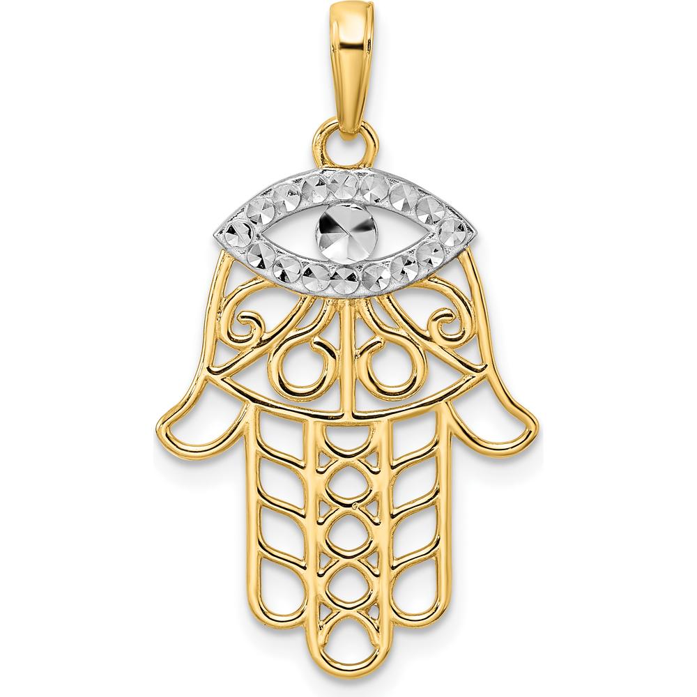 14K Yellow Gold and White Rhodium Diamond-Cut Evil Eye Filigree Hamsa Pendant with Symbolic Design by Oro Pregiato