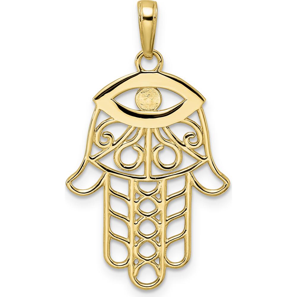 14K Yellow Gold and White Rhodium Diamond-Cut Evil Eye Filigree Hamsa Pendant with Symbolic Design by Oro Pregiato