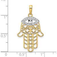 14K Yellow Gold and White Rhodium Diamond-Cut Evil Eye Filigree Hamsa Pendant with Symbolic Design by Oro Pregiato
