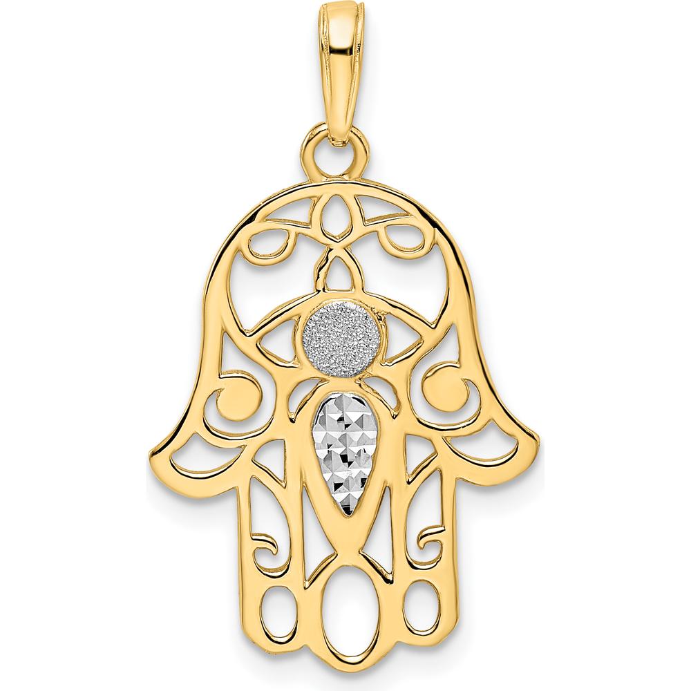 14K Yellow Gold and White Rhodium Diamond-Cut Evil Eye Hamsa Pendant by Oro Pregiato
