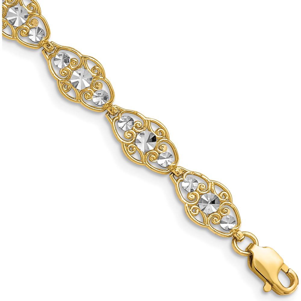 14K Yellow Gold and White Rhodium Diamond-Cut Fancy Filigree 7.25" Bracelet by Oro Pregiato