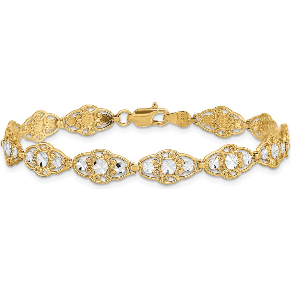 14K Yellow Gold and White Rhodium Diamond-Cut Fancy Filigree 7.25" Bracelet by Oro Pregiato