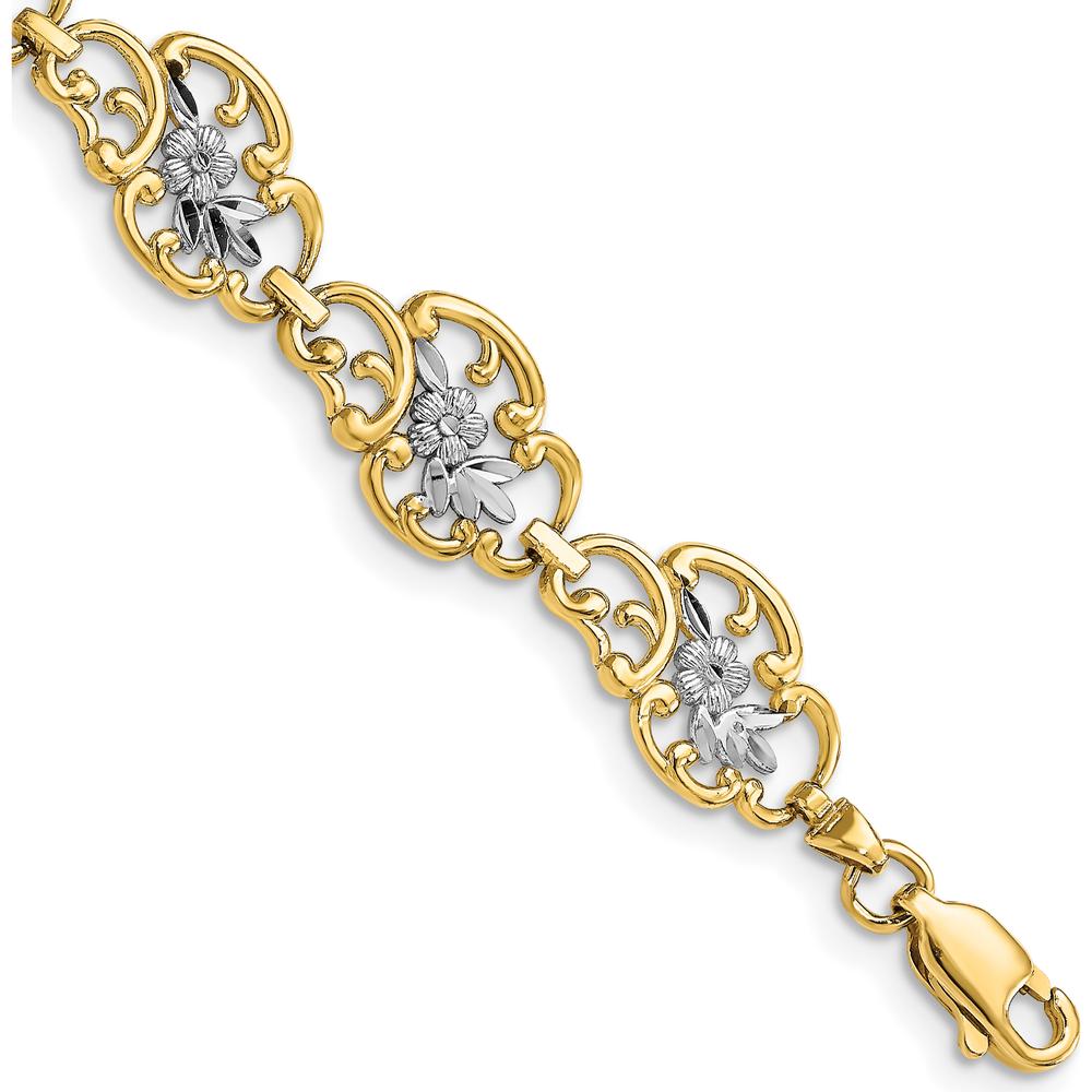 14K Yellow Gold and White Rhodium Diamond-Cut Fancy Floral Filigree Bracelet - 7.25 Inches Long by Oro Pregiato