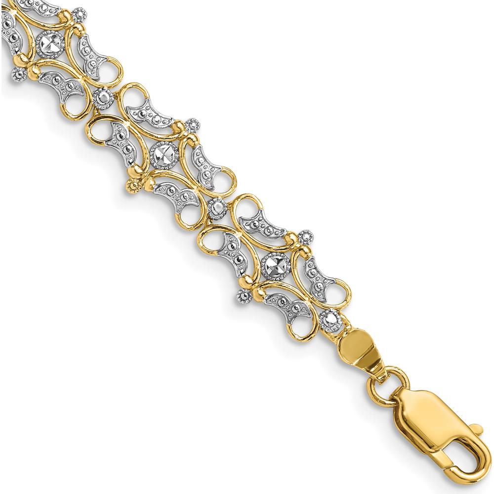 14K Yellow Gold and White Rhodium Diamond-Cut Fancy Link 7.5" Bracelet by Oro Pregiato