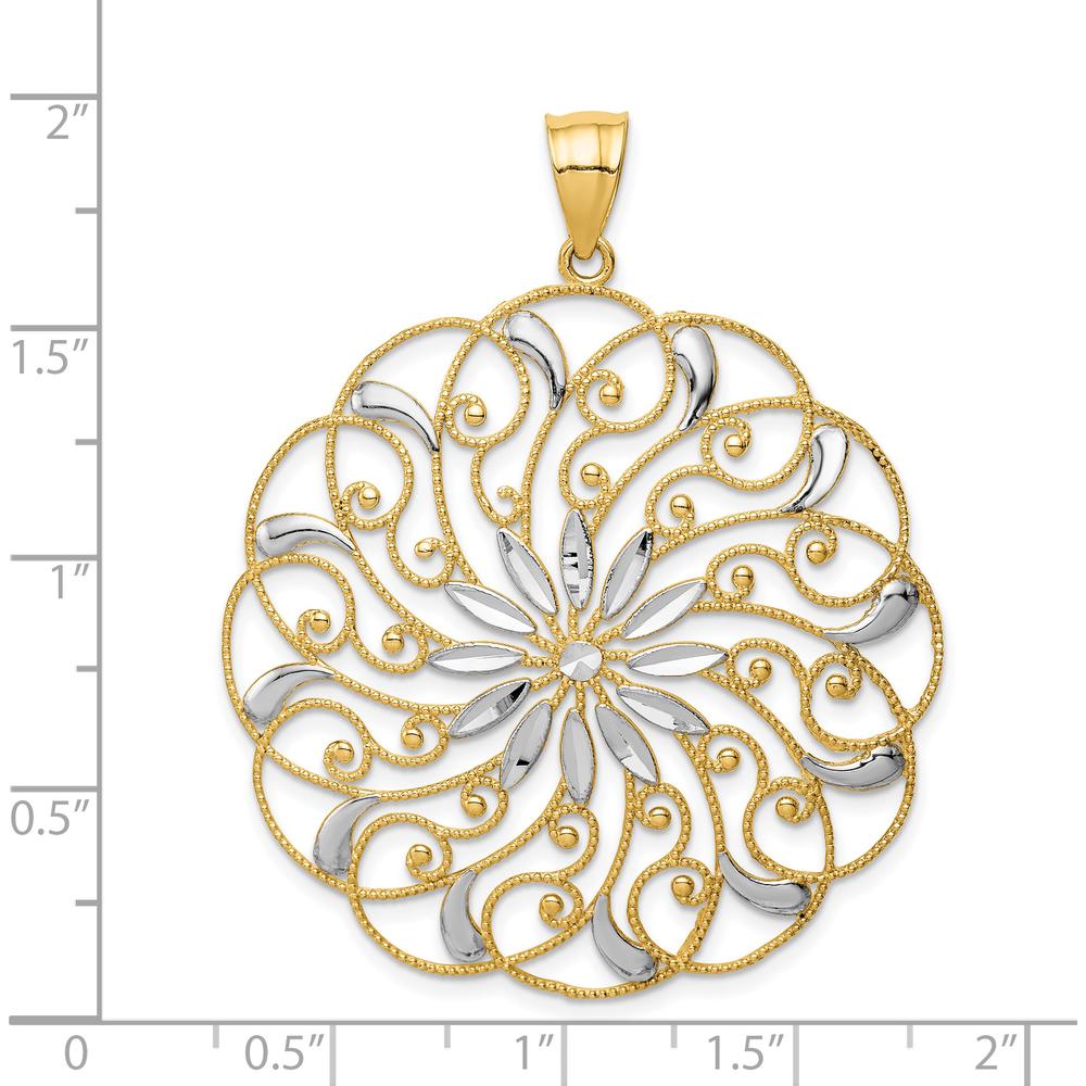 14K Yellow Gold and White Rhodium Diamond-Cut Fancy Swirl Pendant - 50mm Length by Oro Pregiato