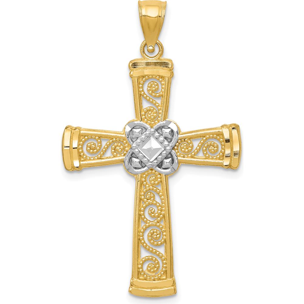 14K Yellow Gold and White Rhodium Diamond-cut Filigree Cross Pendant - 39mm by Oro Pregiato