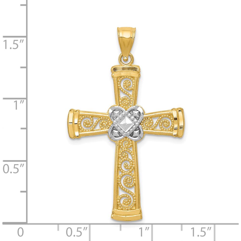 14K Yellow Gold and White Rhodium Diamond-cut Filigree Cross Pendant - 39mm by Oro Pregiato