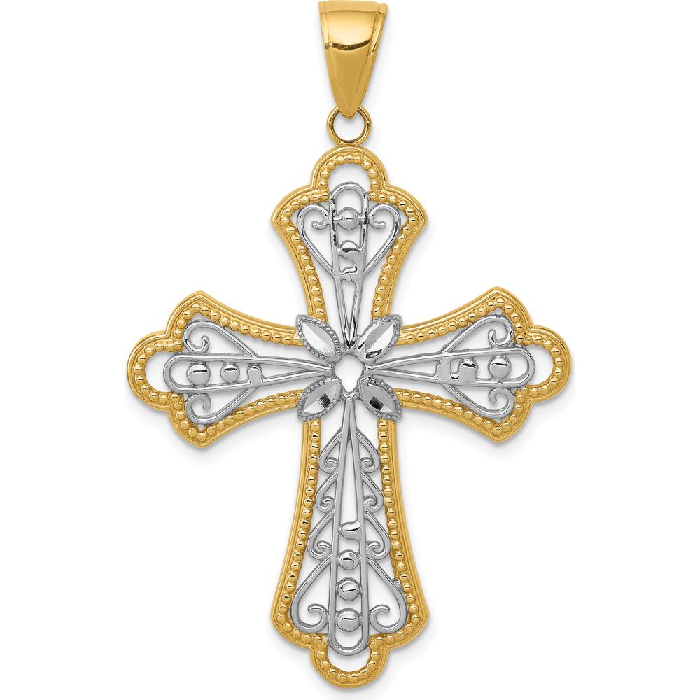 14K Yellow Gold and White Rhodium Diamond-Cut Filigree Cross Pendant - 45mm Length by Oro Pregiato
