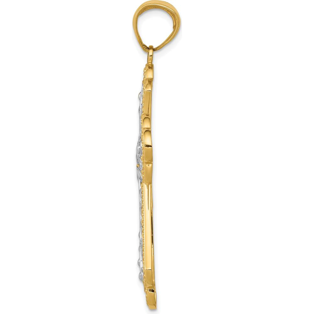 14K Yellow Gold and White Rhodium Diamond-Cut Filigree Cross Pendant - 45mm Length by Oro Pregiato