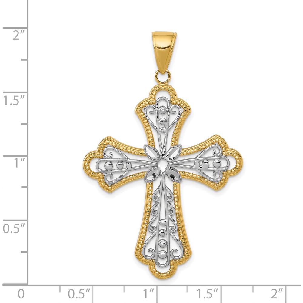 14K Yellow Gold and White Rhodium Diamond-Cut Filigree Cross Pendant - 45mm Length by Oro Pregiato