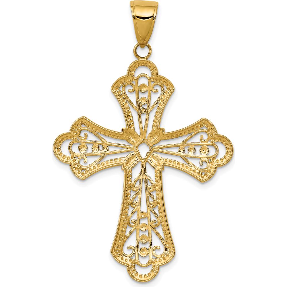 14K Yellow Gold and White Rhodium Diamond-Cut Filigree Cross Pendant - 45mm Length by Oro Pregiato