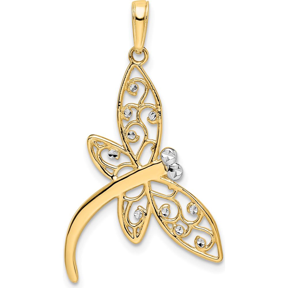 14K Yellow Gold and White Rhodium Diamond-cut Filigree Dragonfly Pendant - 34.77mm Length by Oro Pregiato