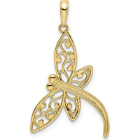 14K Yellow Gold and White Rhodium Diamond-cut Filigree Dragonfly Pendant - 34.77mm Length by Oro Pregiato