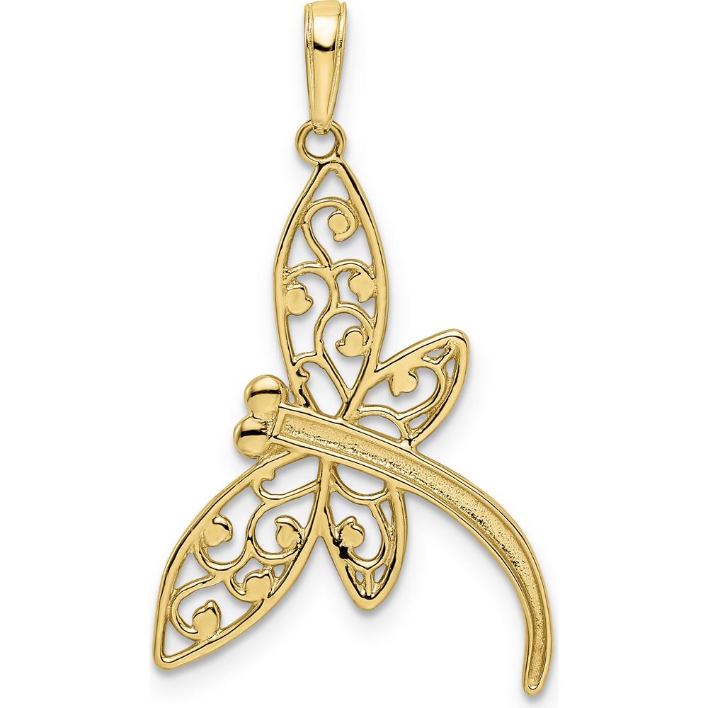 14K Yellow Gold and White Rhodium Diamond-cut Filigree Dragonfly Pendant - 34.77mm Length by Oro Pregiato