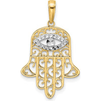 14K Yellow Gold and White Rhodium Diamond-Cut Filigree Evil Eye Hamsa Pendant - 29.43mm Length by Oro Pregiato