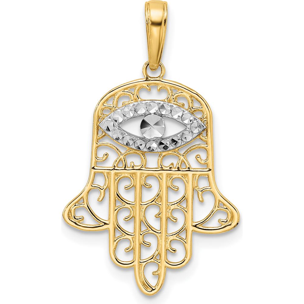 14K Yellow Gold and White Rhodium Diamond-Cut Filigree Evil Eye Hamsa Pendant - 29.43mm Length by Oro Pregiato