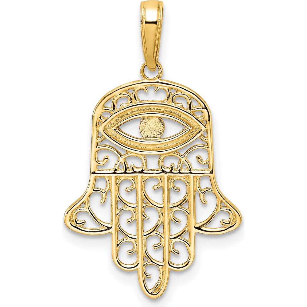 14K Yellow Gold and White Rhodium Diamond-Cut Filigree Evil Eye Hamsa Pendant - 29.43mm Length by Oro Pregiato
