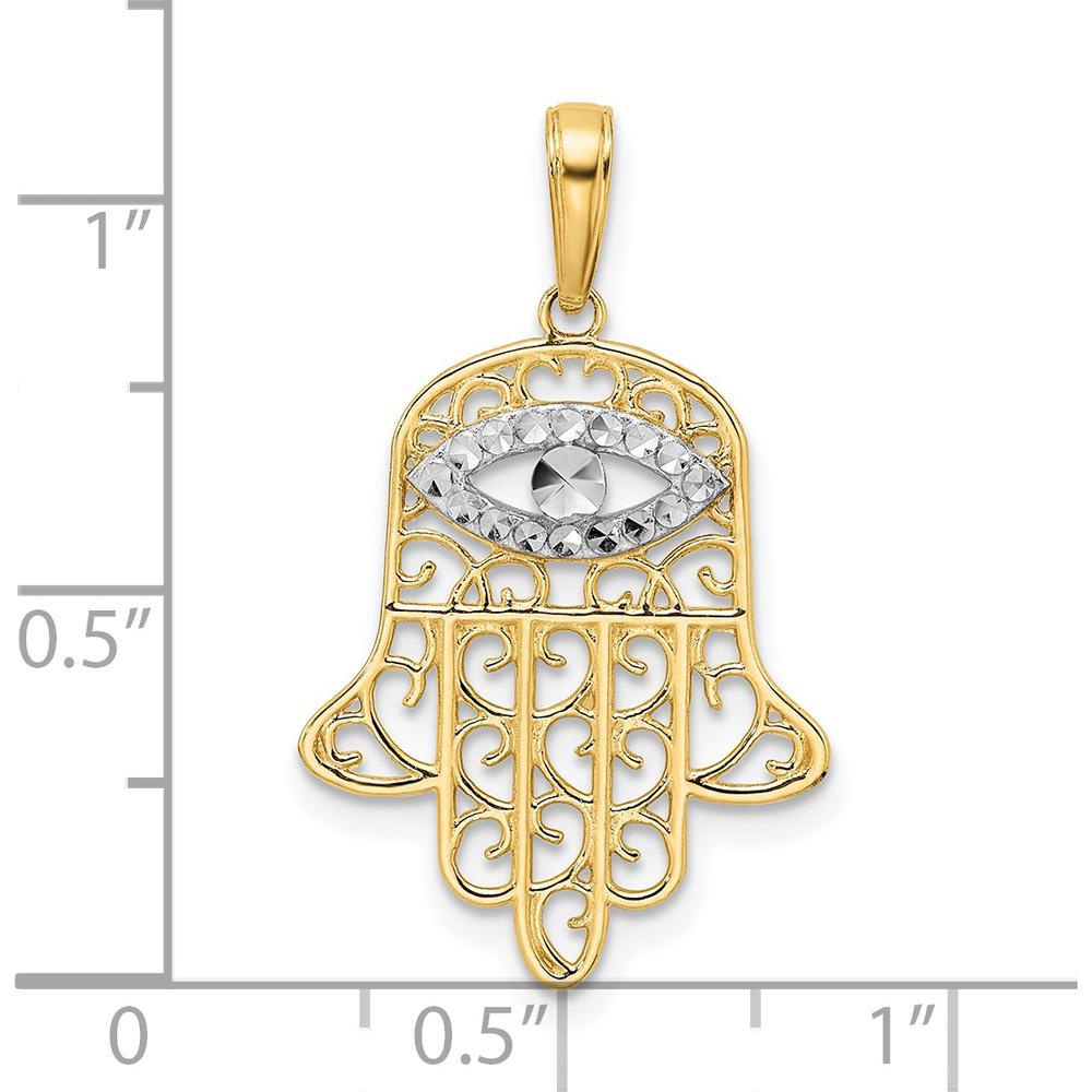 14K Yellow Gold and White Rhodium Diamond-Cut Filigree Evil Eye Hamsa Pendant - 29.43mm Length by Oro Pregiato