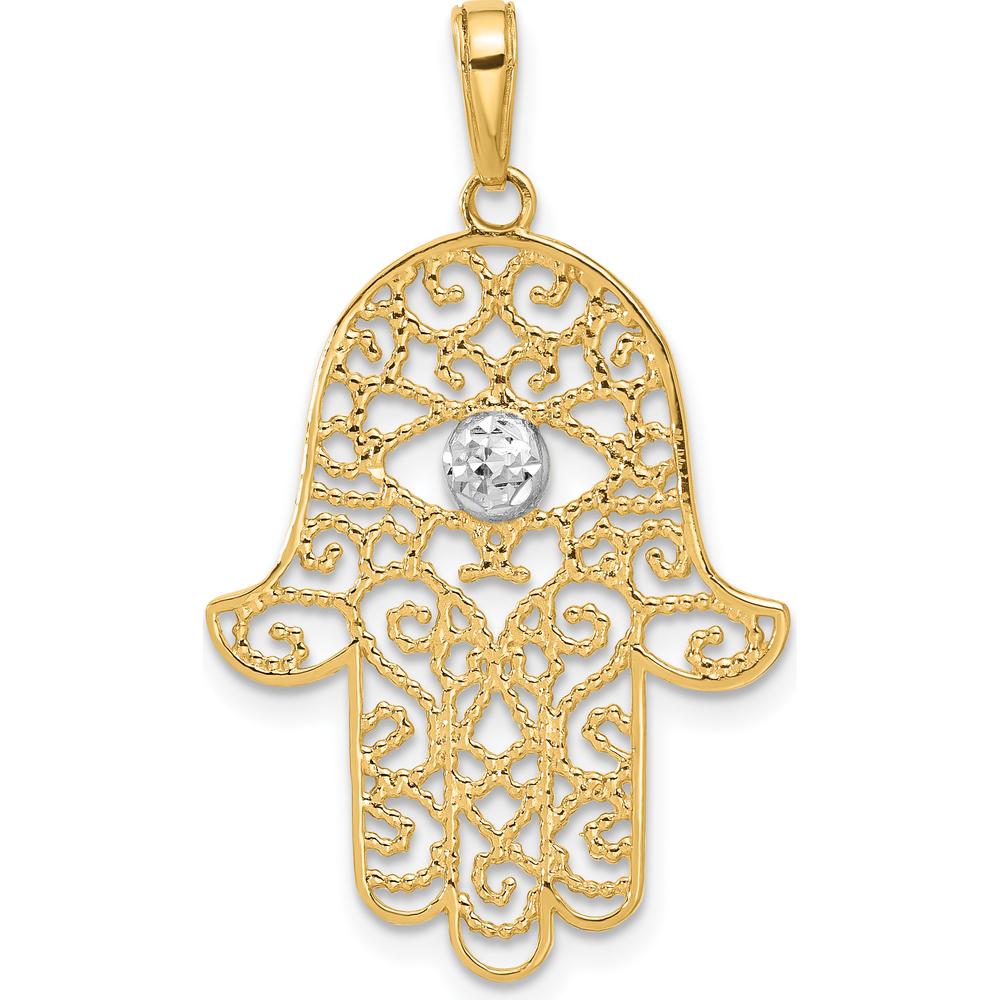 14K Yellow Gold and White Rhodium Diamond-Cut Filigree Hamsa Pendant - 34.9mm Length by Oro Pregiato
