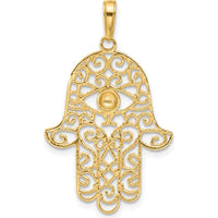 14K Yellow Gold and White Rhodium Diamond-Cut Filigree Hamsa Pendant - 34.9mm Length by Oro Pregiato