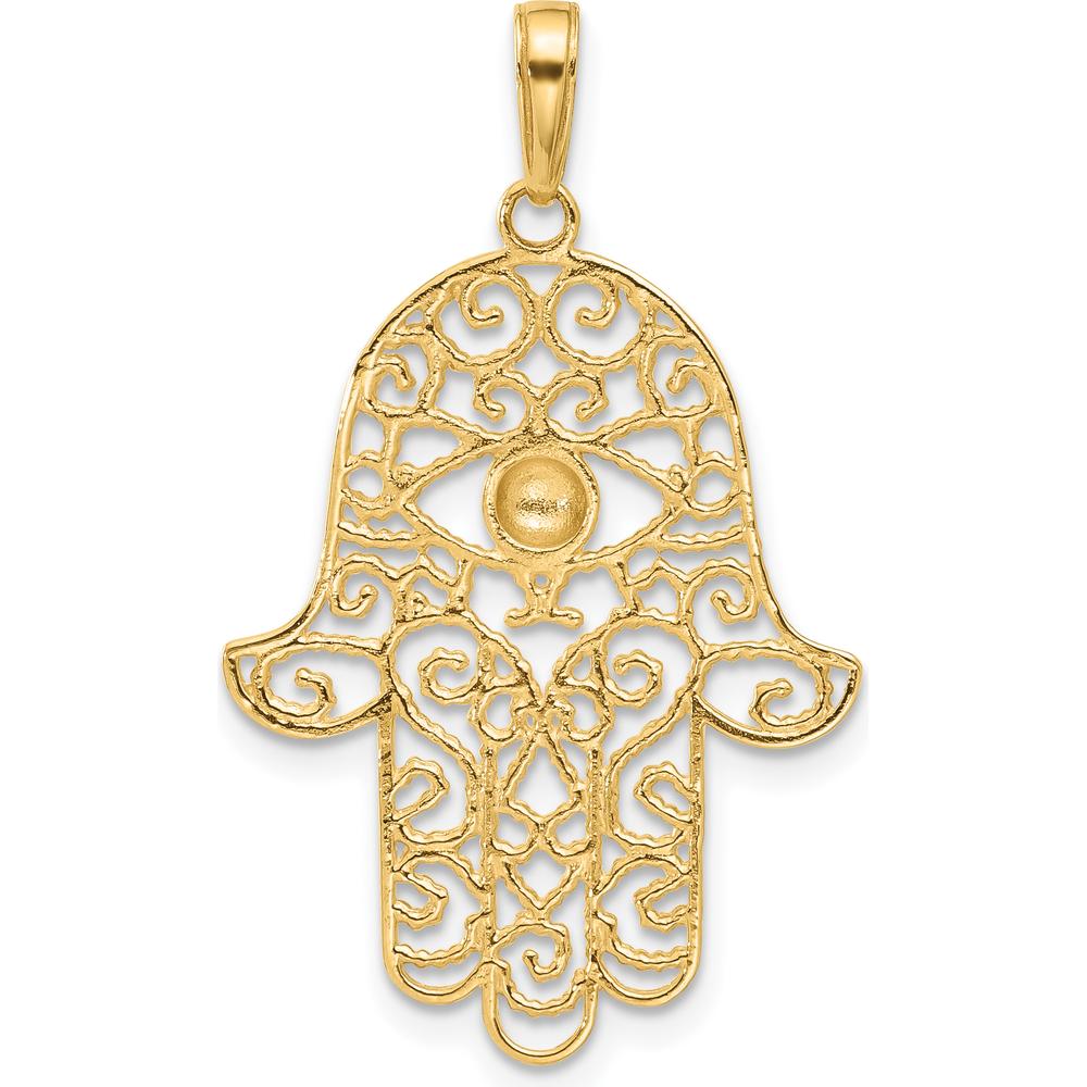 14K Yellow Gold and White Rhodium Diamond-Cut Filigree Hamsa Pendant - 34.9mm Length by Oro Pregiato