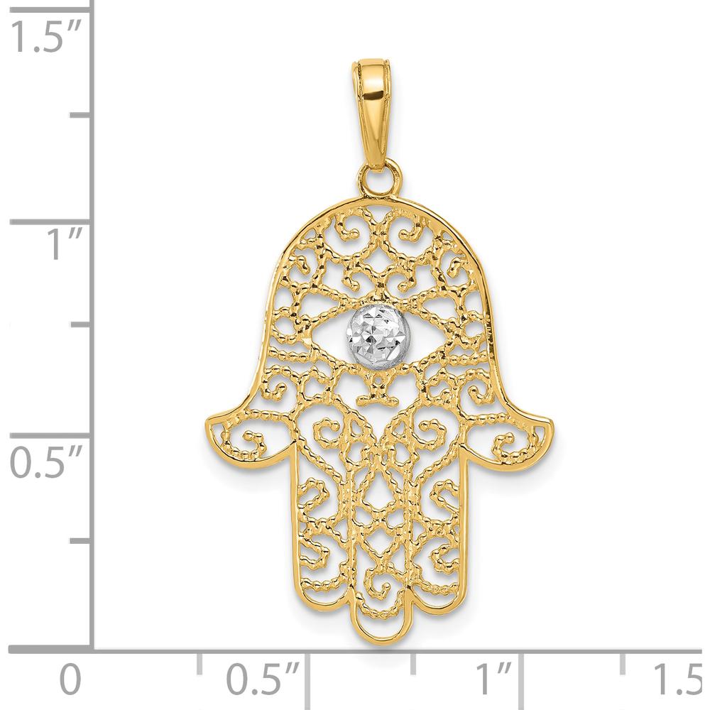 14K Yellow Gold and White Rhodium Diamond-Cut Filigree Hamsa Pendant - 34.9mm Length by Oro Pregiato